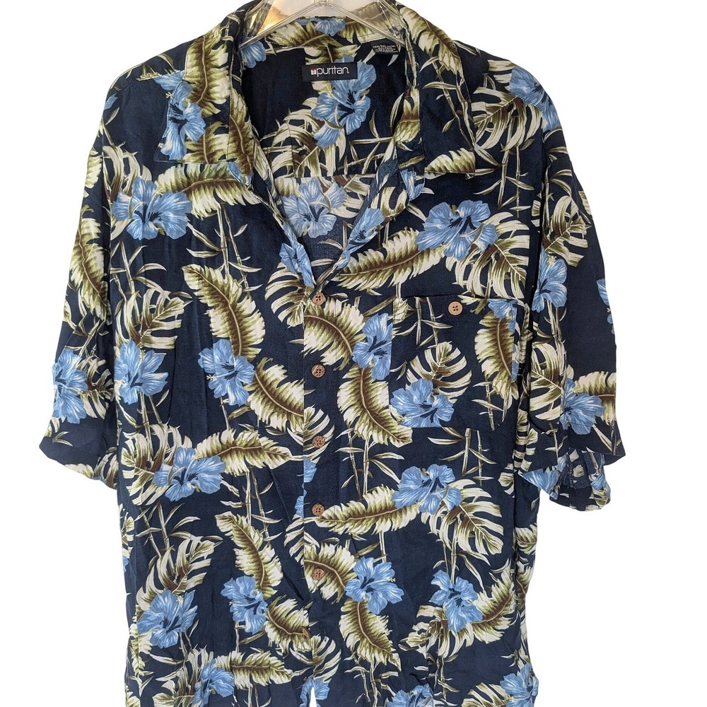 Puritan Mens 3XL Tropical Hibiscus Palm Leaf Rayon Hawaiian Camp Shirt Navy Blue